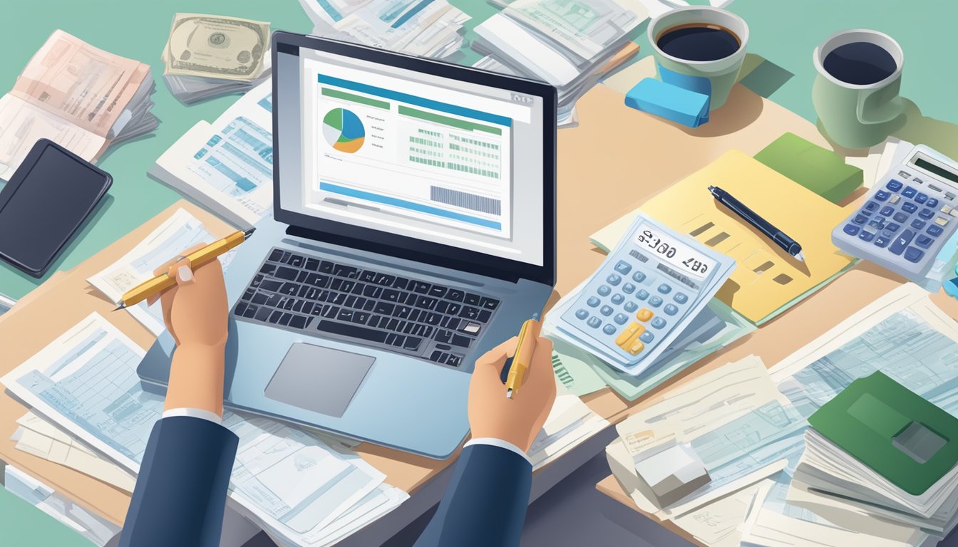 A person holding a Singaporean identification card and a bank statement, sitting at a desk with a laptop and pen, surrounded by financial documents and calculator