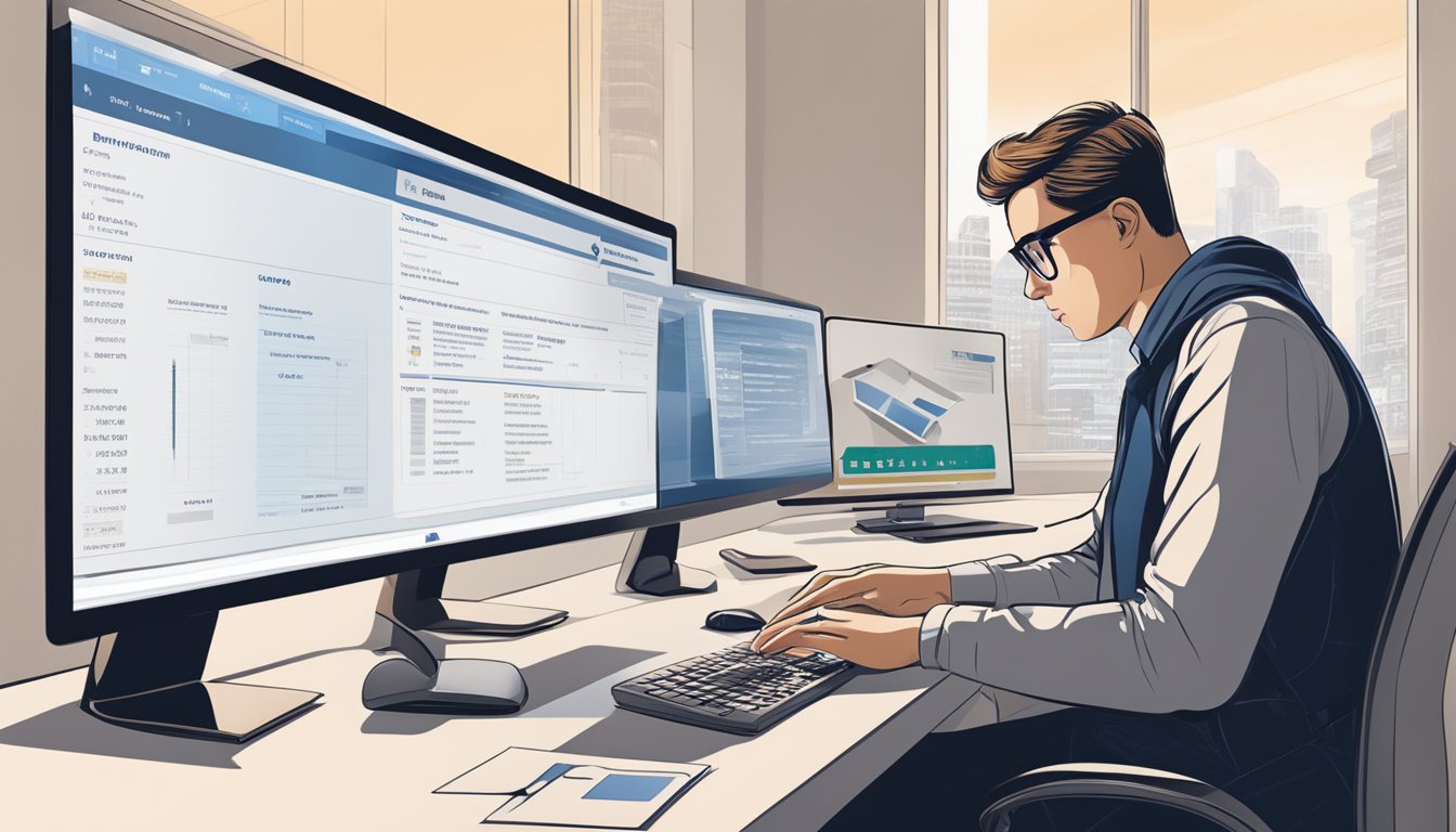 A person sitting at a desk, reviewing loan details and options on a computer screen with the UOB logo prominently displayed