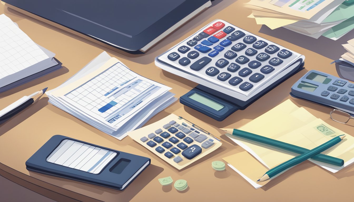 A stack of bills and a calculator on a desk, with a UOB logo in the background