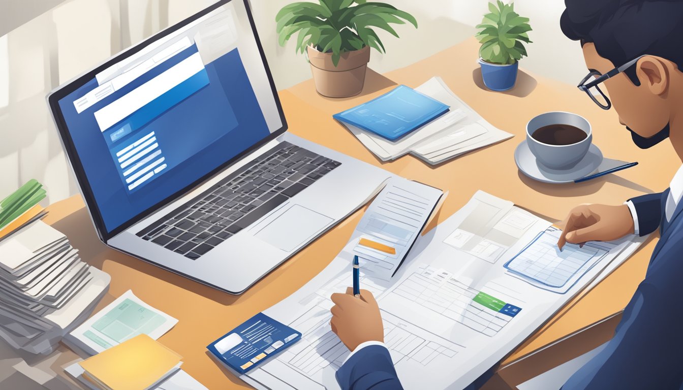A person fills out UOB loan application form online, with documents and ID ready