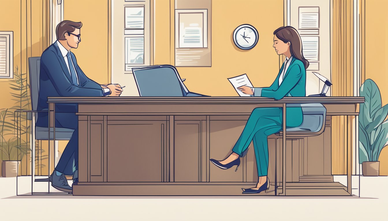 A person signing a loan agreement with a bank representative at a desk