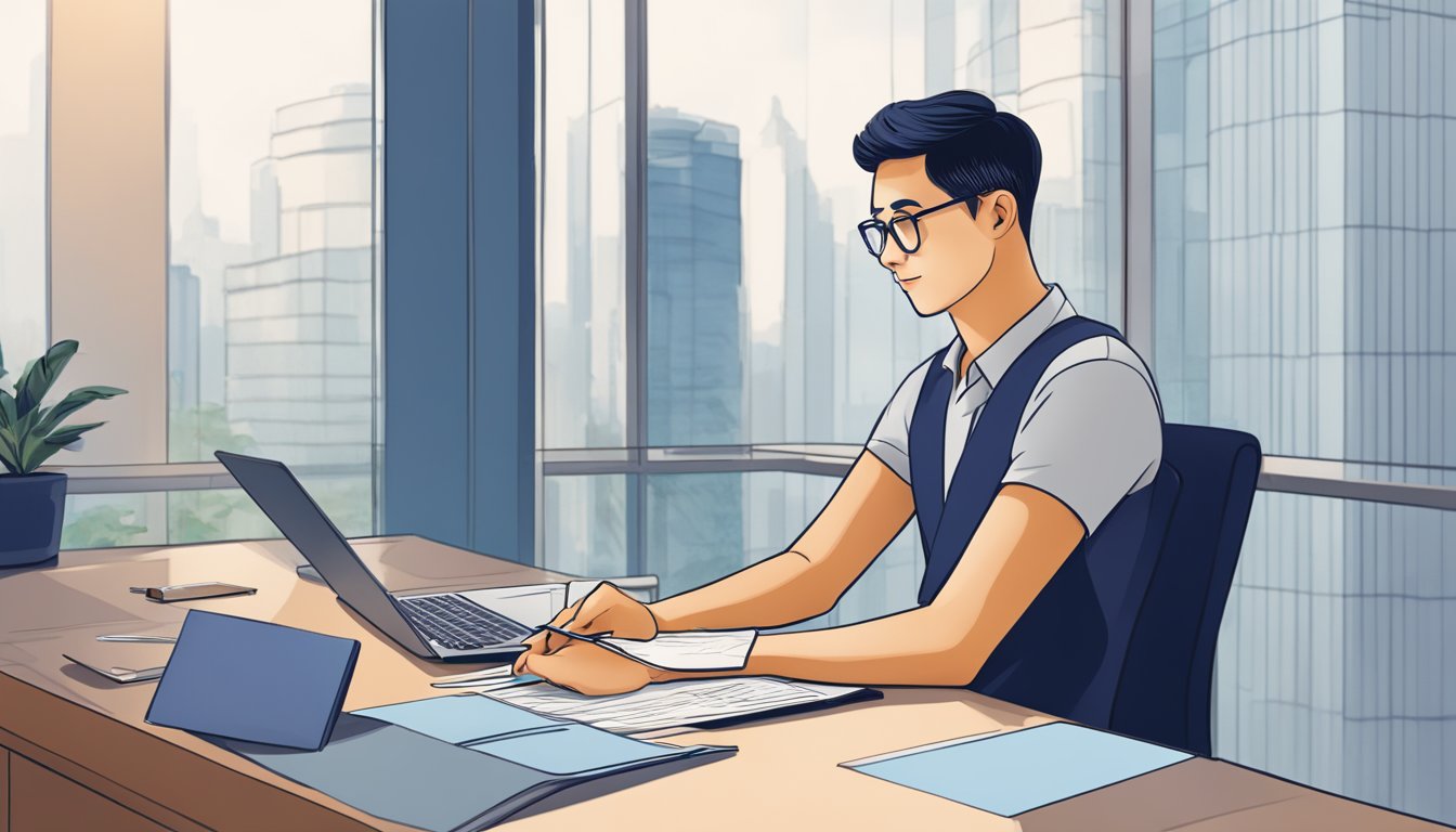 A person sits at a desk, reviewing UOB personal loan services in Singapore. UOB branding is visible in the background