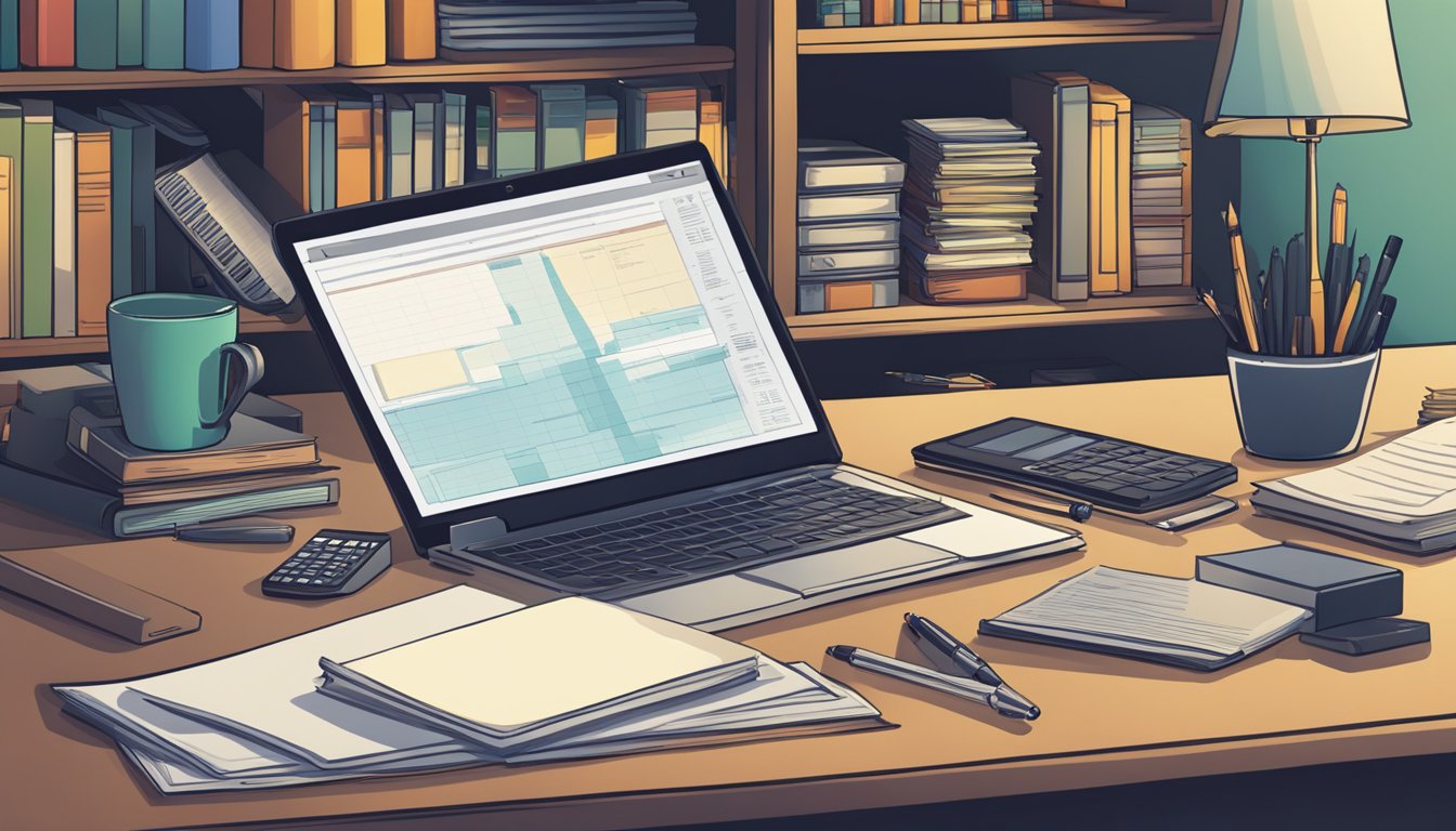 A desk with a laptop, calculator, and paperwork. A pen and notepad sit nearby. A bookshelf filled with financial guides and resources