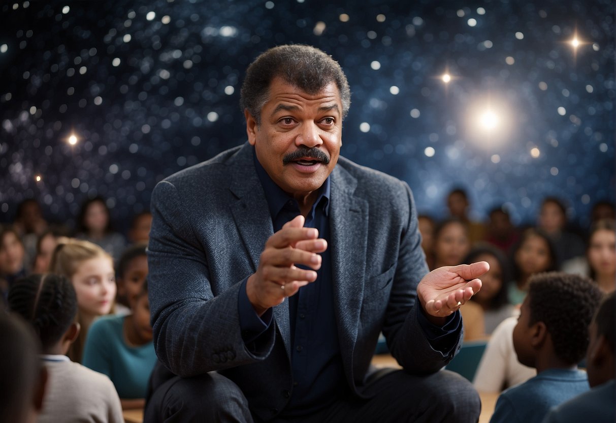 Neil deGrasse Tyson discusses space movies, blending fact and fiction, in a classroom filled with eager students and a backdrop of starry skies
