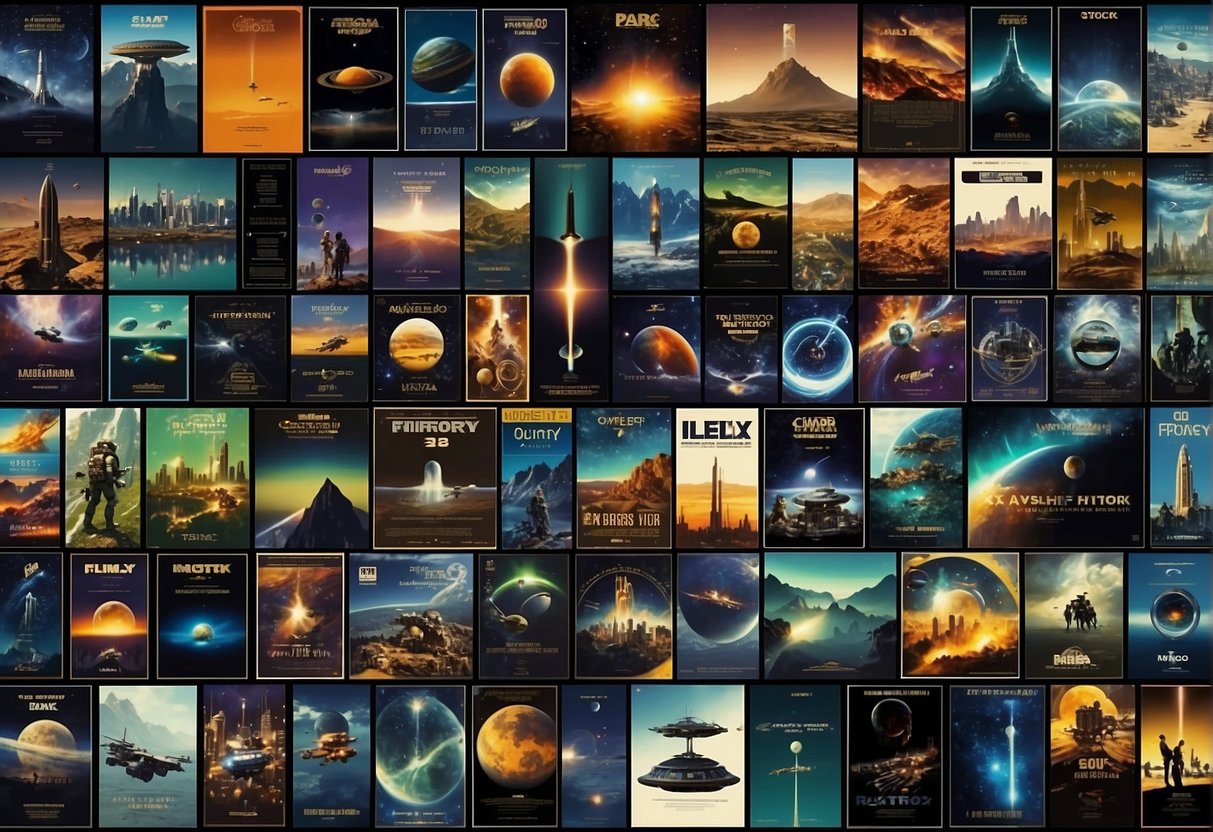 A collection of iconic science fiction film posters arranged in a collage, with images of space, alien worlds, and futuristic technology