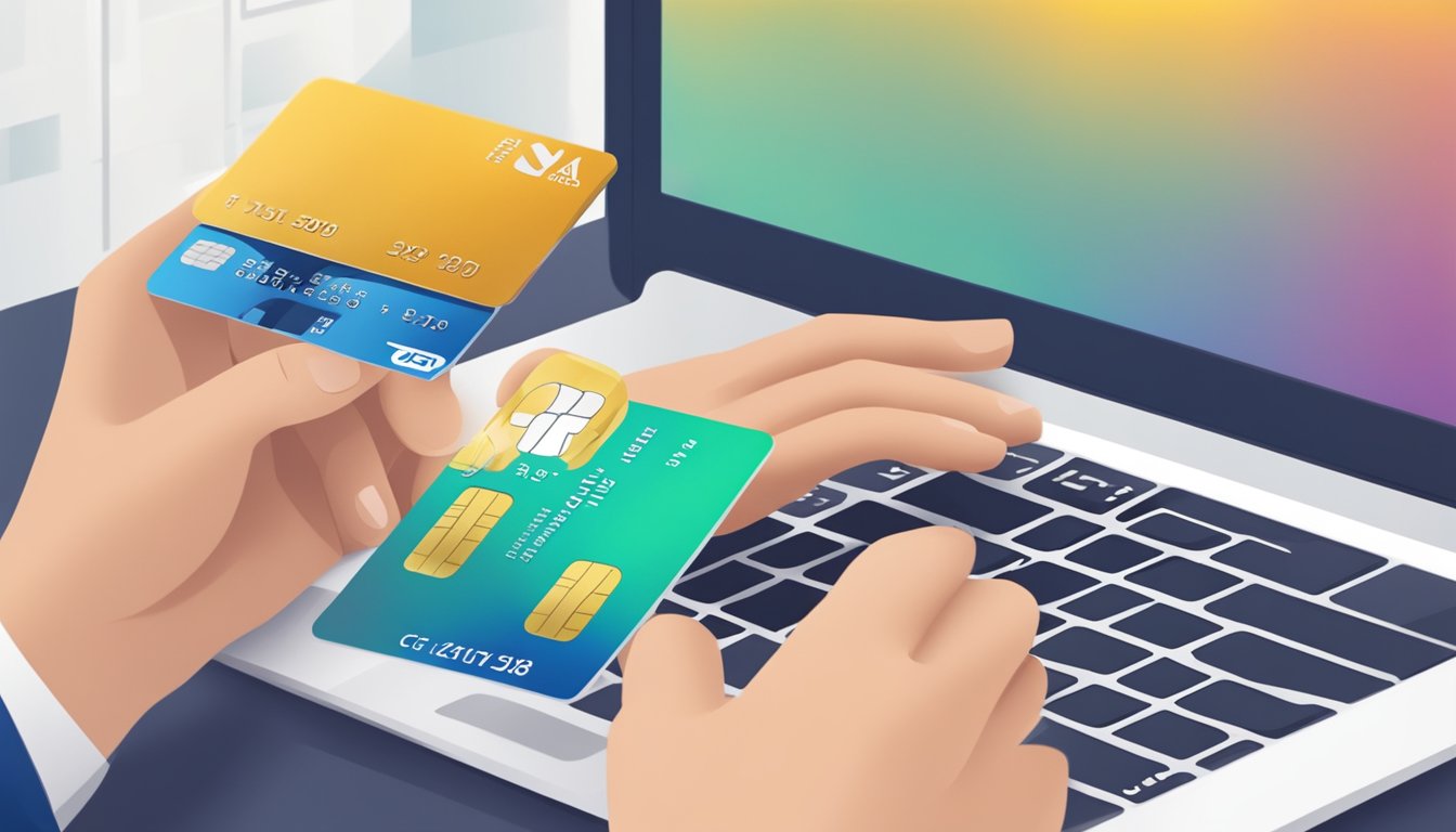 A hand holding a POSB credit card while transferring balance online