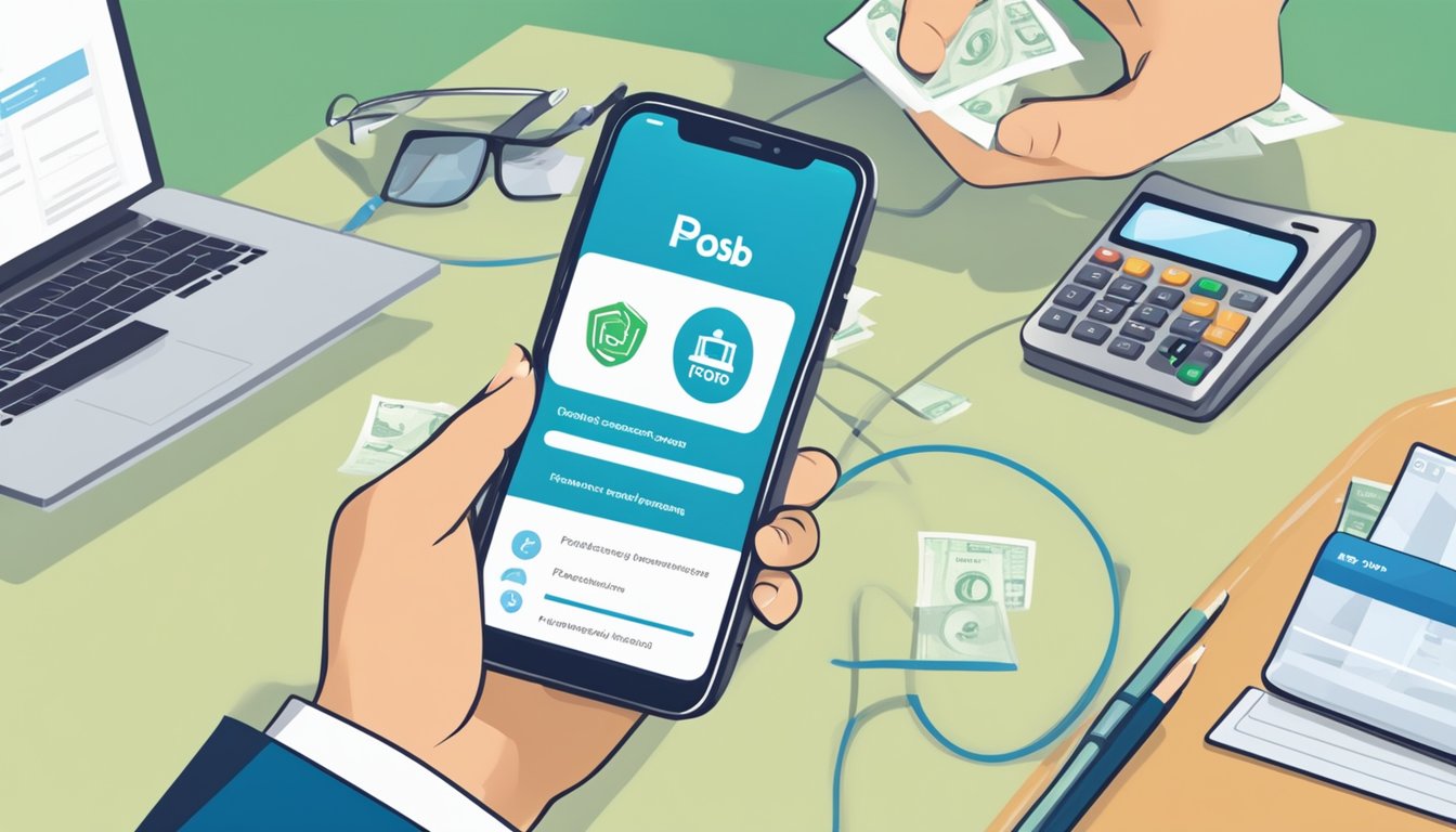 A person using a smartphone to transfer funds between accounts, with a POSB logo in the background