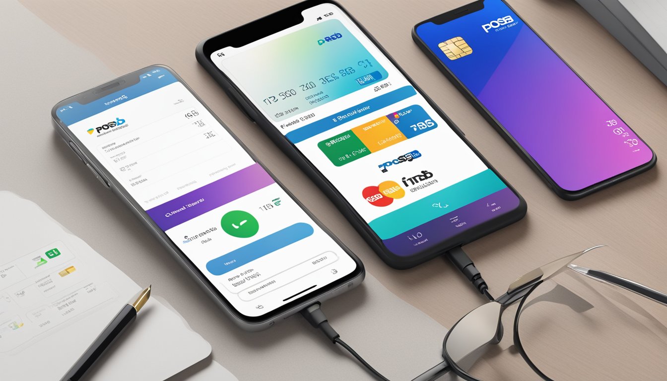 A smartphone displaying the POSB app with a balance transfer option, next to a POSB debit card and a POSB logo