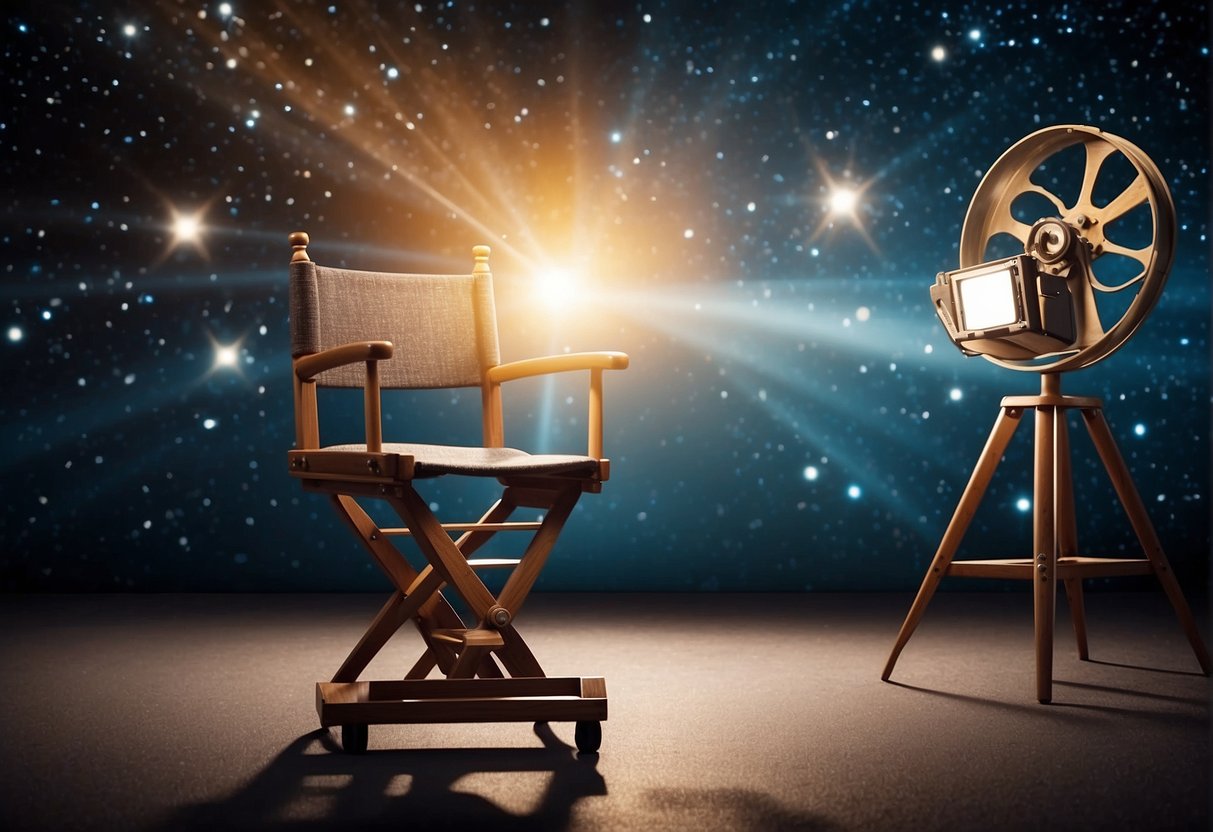 A spotlight illuminates a collection of film reels and a director's chair. A galaxy backdrop sets the scene, with stars and planets scattered across the sky