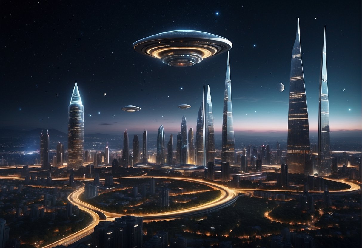 A futuristic cityscape with towering skyscrapers, sleek flying vehicles, and advanced technology. The night sky is filled with twinkling stars and distant galaxies, capturing the wonder of space exploration