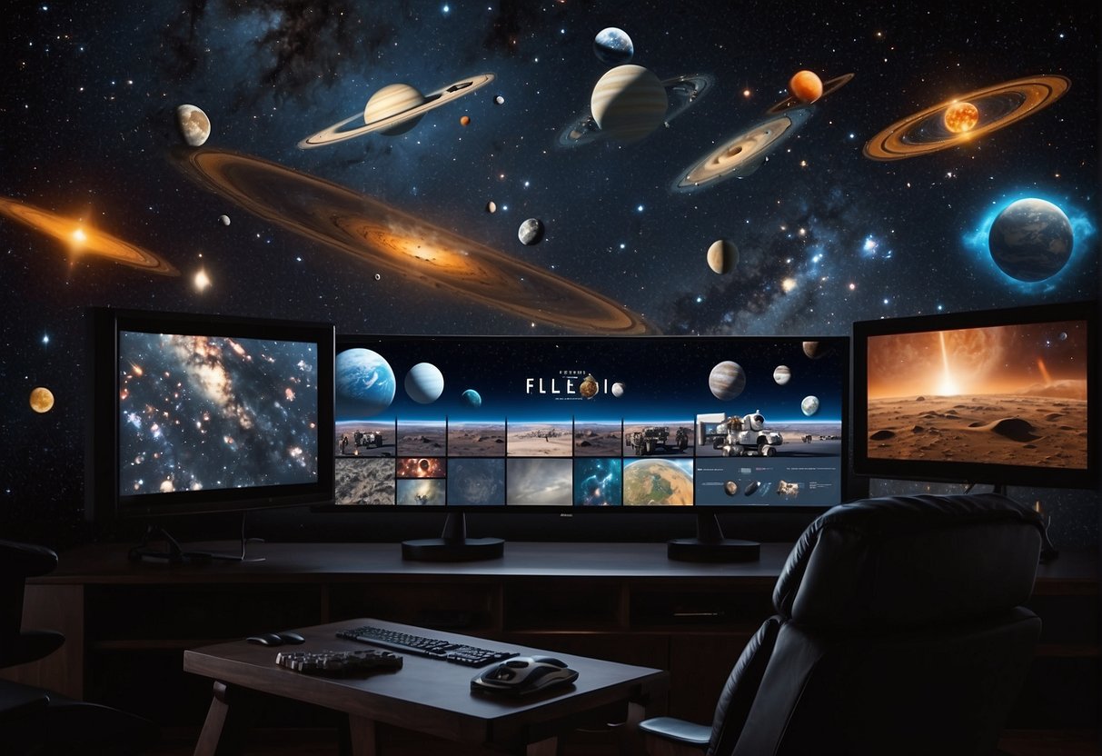 Neil deGrasse Tyson's favorite space movies displayed on a screen with a mix of real and fictional elements