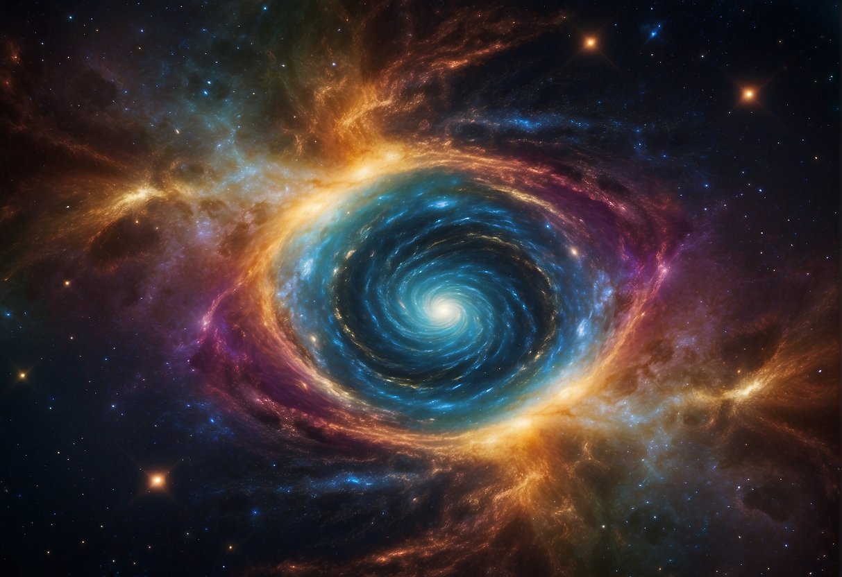 Crafting the Cosmos - A swirling galaxy of vibrant colors and celestial bodies, with intricate details and shimmering light, creating a sense of wonder and awe