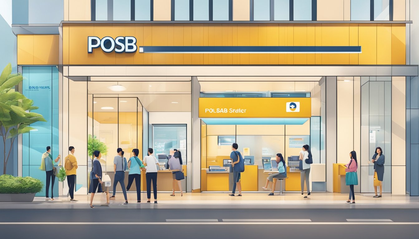 A bright, modern bank branch in Singapore with the POSB logo prominently displayed. Customers are seen discussing loan options with friendly staff