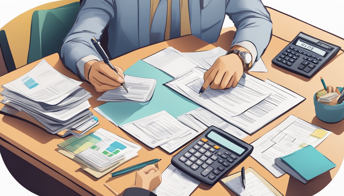 A person sitting at a desk, filling out paperwork for a POSB personal loan. The desk is cluttered with financial documents and a calculator