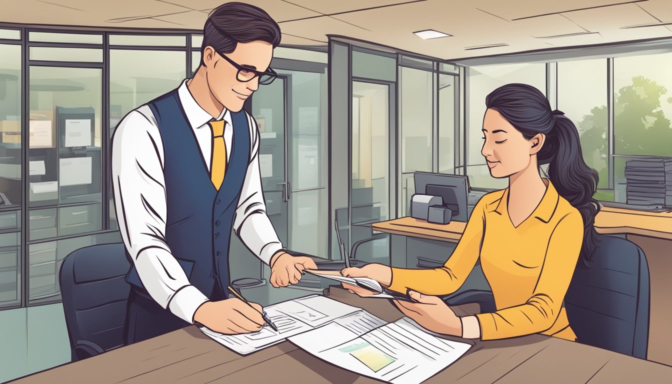 A bank teller disburses a loan to a customer, who signs a repayment agreement