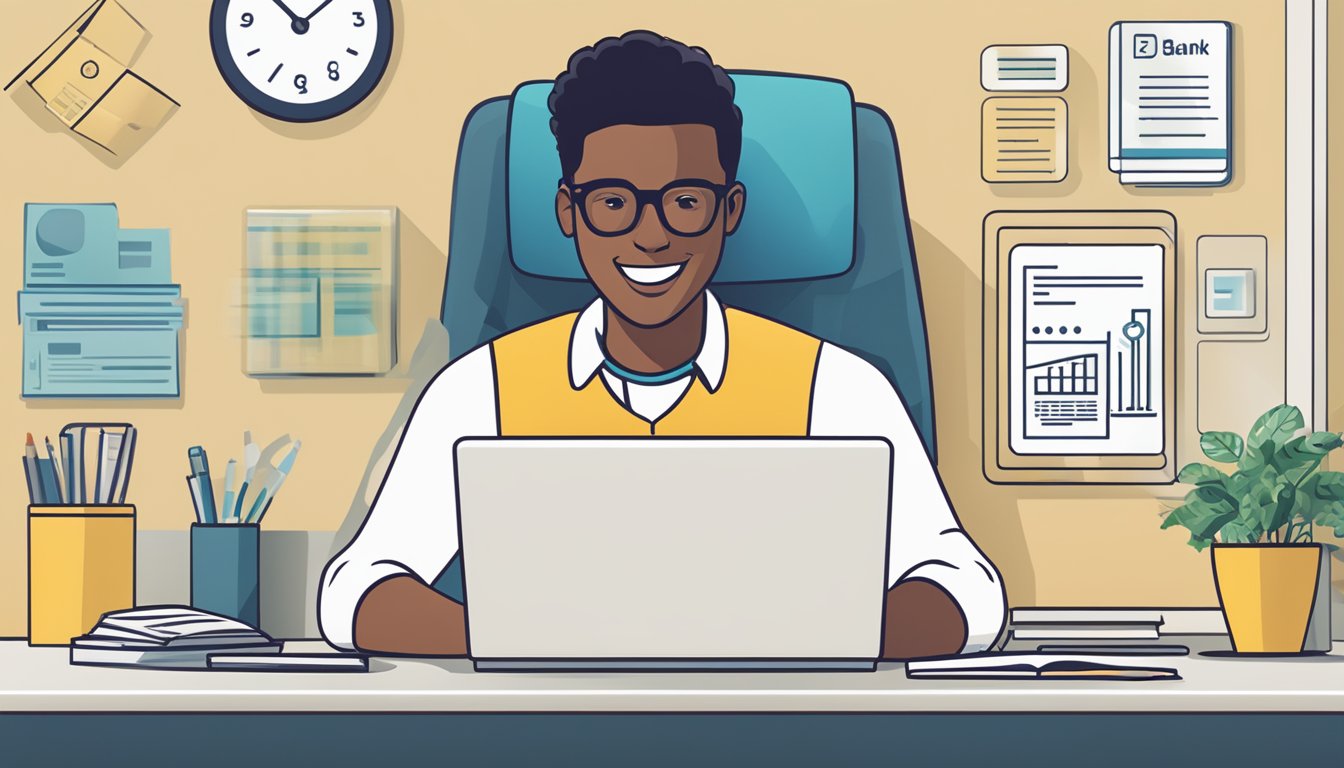 A person sitting at a desk, smiling while reviewing loan benefits on a computer screen with the POSB Bank logo visible