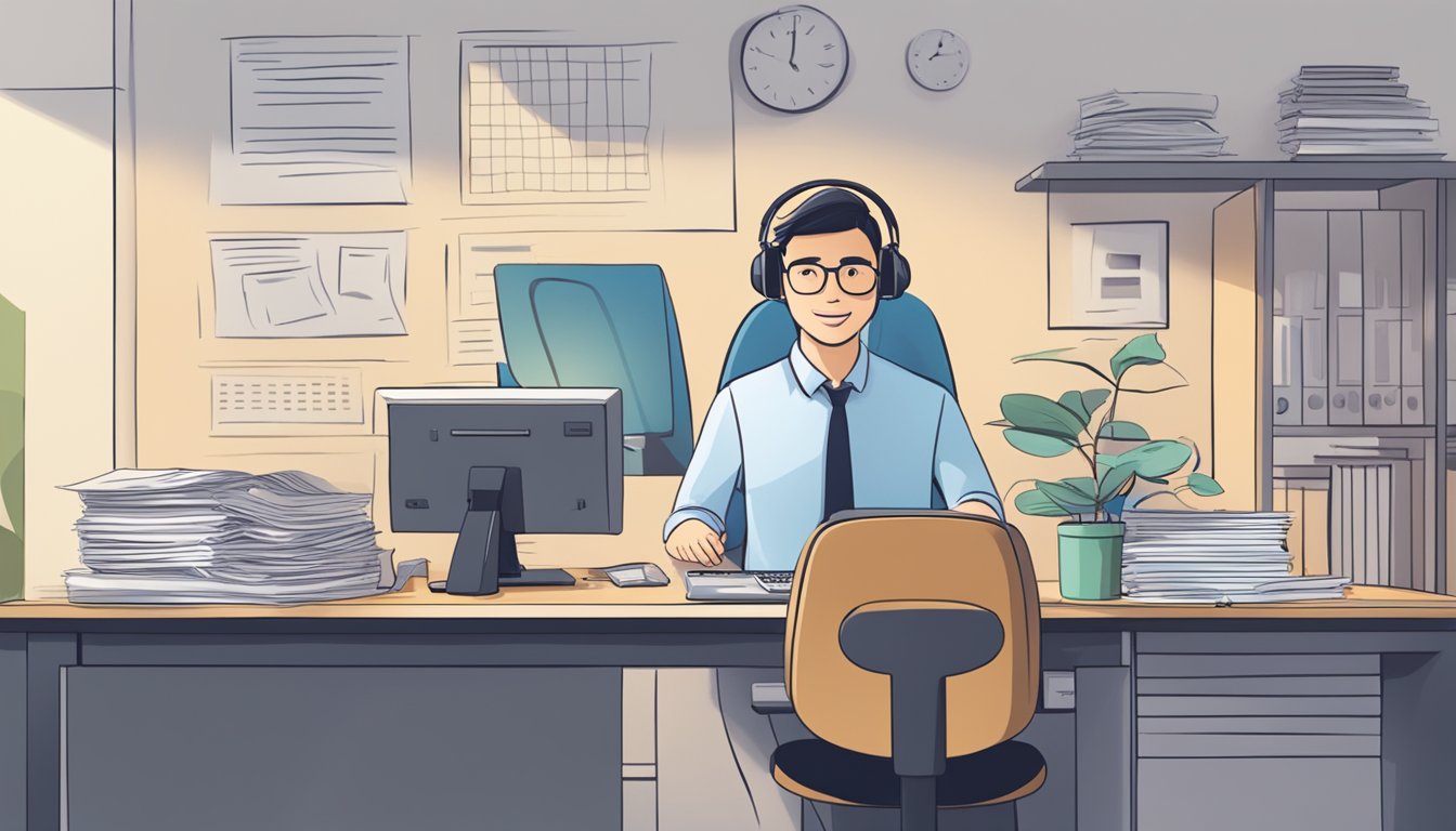 A customer service representative sits at a desk, surrounded by a stack of papers and a computer. A sign on the wall reads "Frequently Asked Questions about POSB Bank Loans in Singapore."