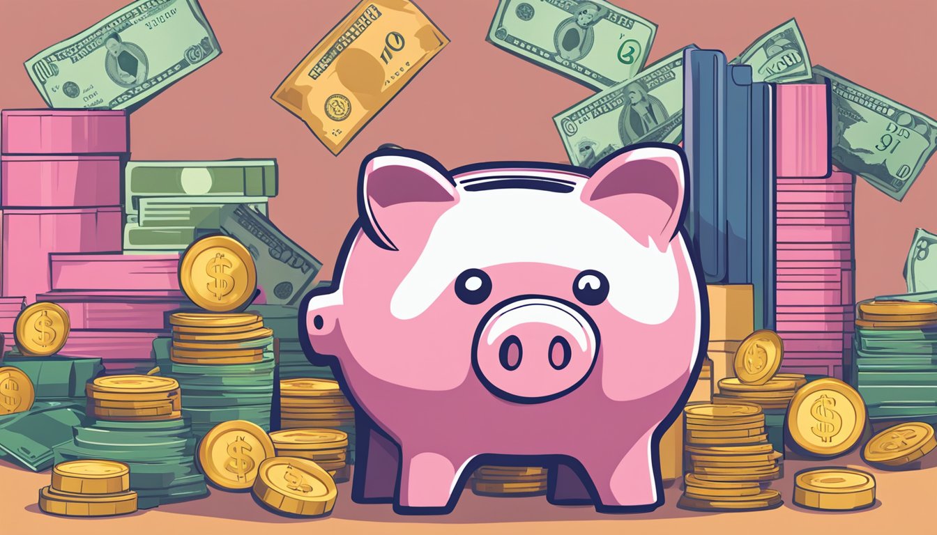 A piggy bank sits on a table, surrounded by stacks of coins and dollar bills. A POSB Bonus Saver passbook is open next to it, showing interest rates