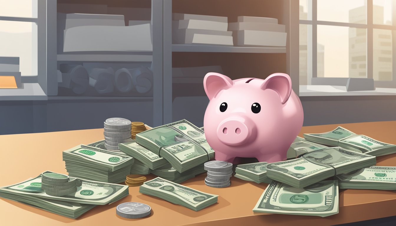A piggy bank sits on a shelf, overflowing with coins and dollar bills. A calculator and bank statement lay nearby, showing increasing savings