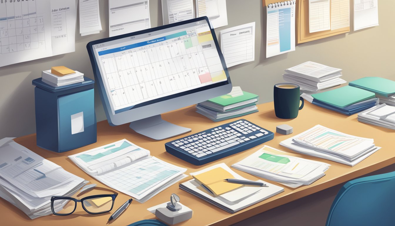 A desk with a computer, paperwork, and a calculator. A calendar on the wall with deadlines marked. A stack of files labeled "Loan Management Strategies."
