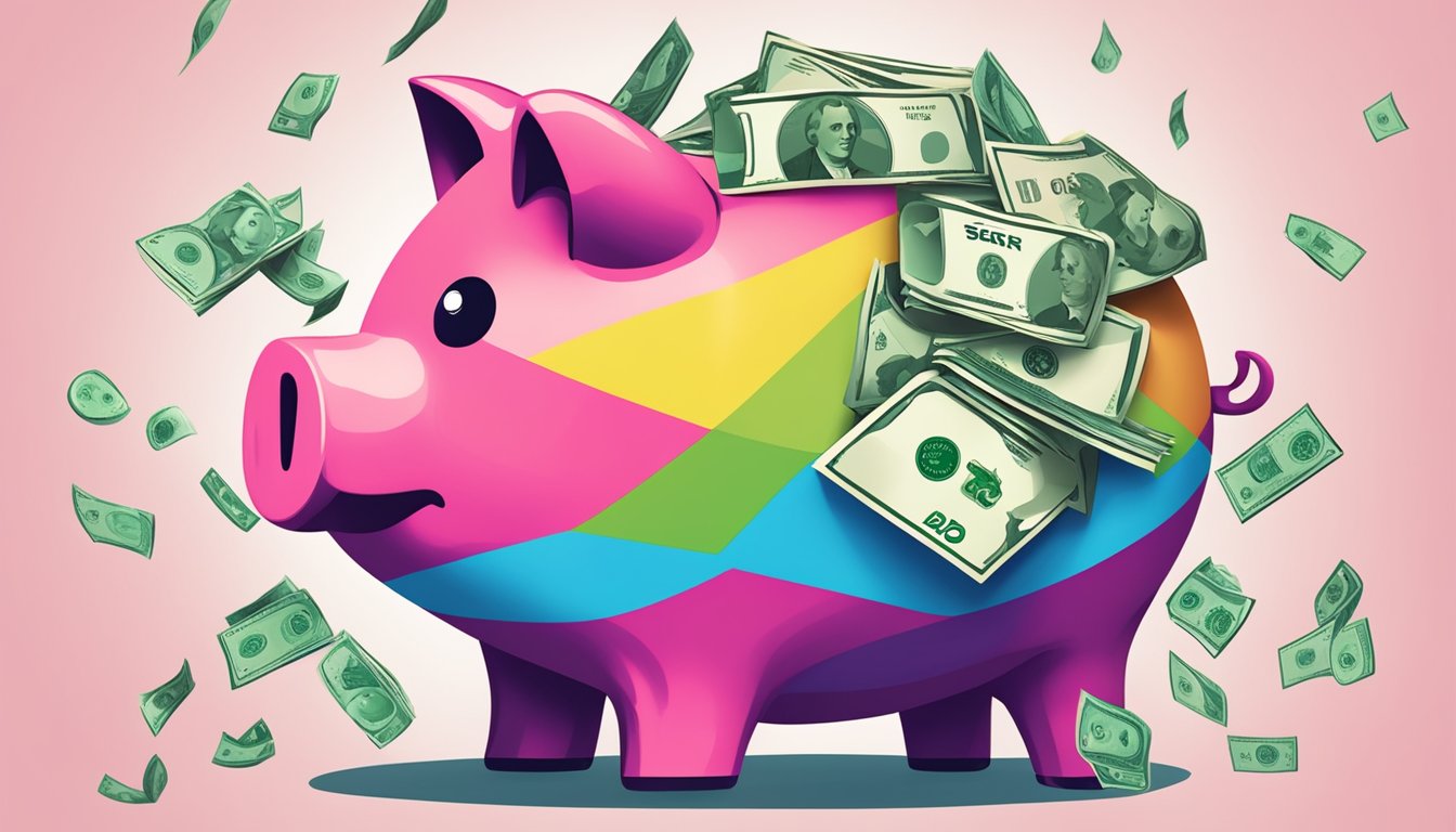 A colorful piggy bank overflowing with cash and surrounded by POSB Cashback Bonus Program logos