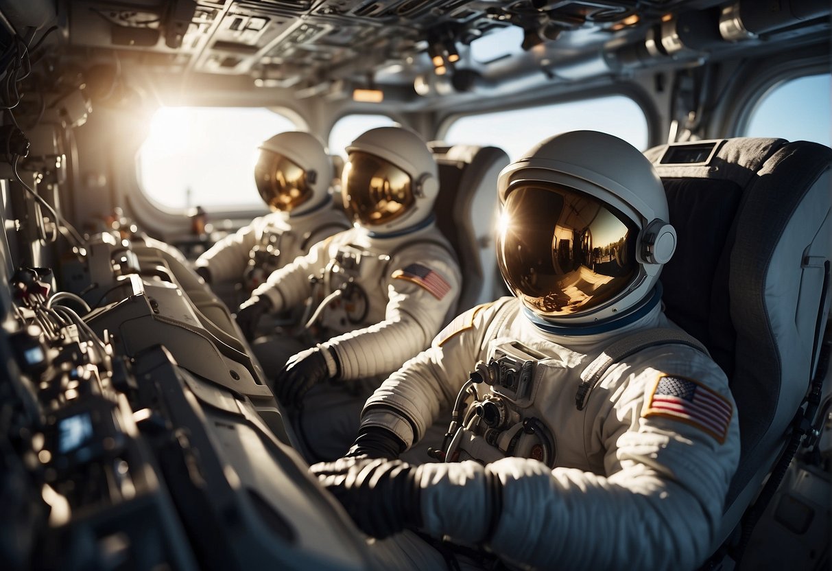 Scene: Astronauts float weightlessly in the cramped spacecraft, surrounded by floating objects and equipment. The sunlight filters through the windows, casting dynamic shadows on the walls