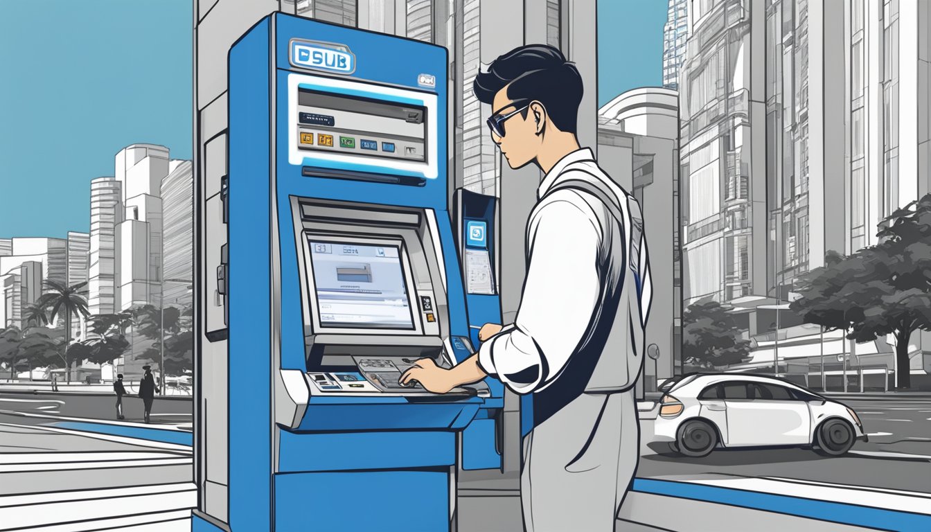 A person using a POSB Cashline machine in Singapore, with the iconic blue and white branding and a modern urban backdrop