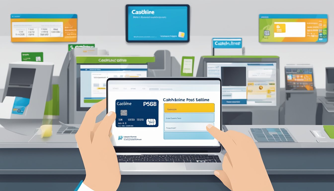 A hand holding a POSB Cashline card, with a computer screen showing the POSB Cashline website in the background