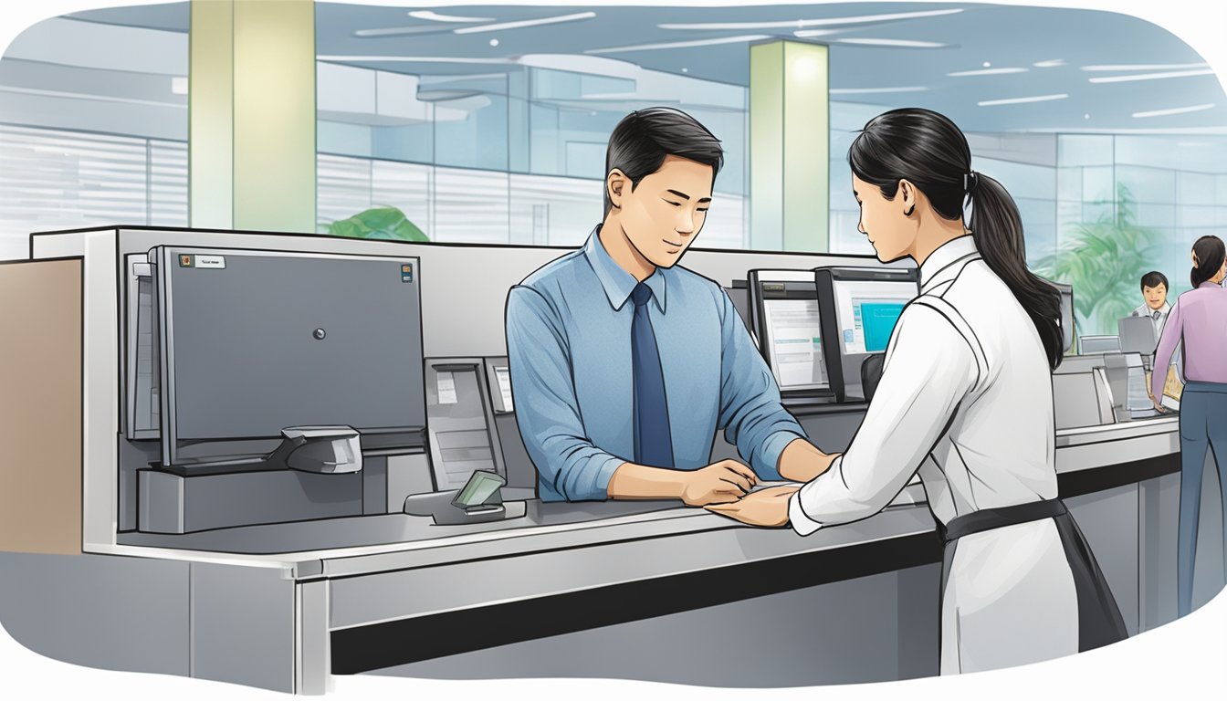 A customer service representative assists a client at a POSB Cashline counter in Singapore