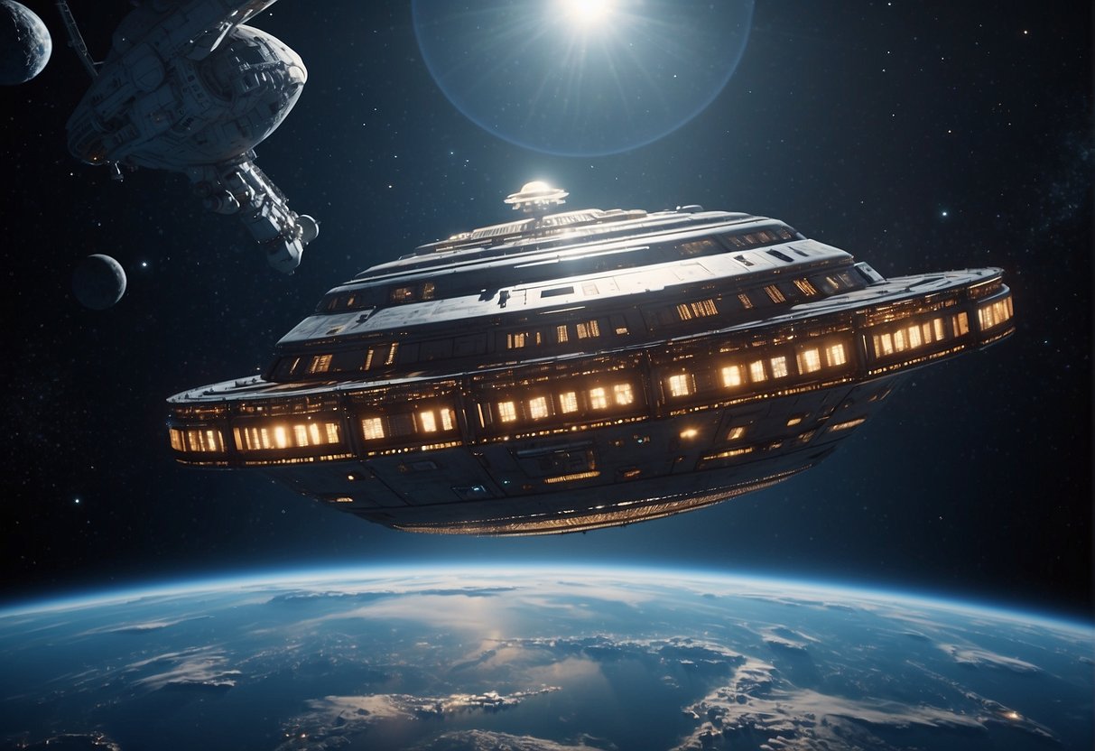 A spacecraft hovers above a futuristic space habitat, with sleek designs and advanced technology. The scene captures the intersection of NASA's innovation and Hollywood's sci-fi realism