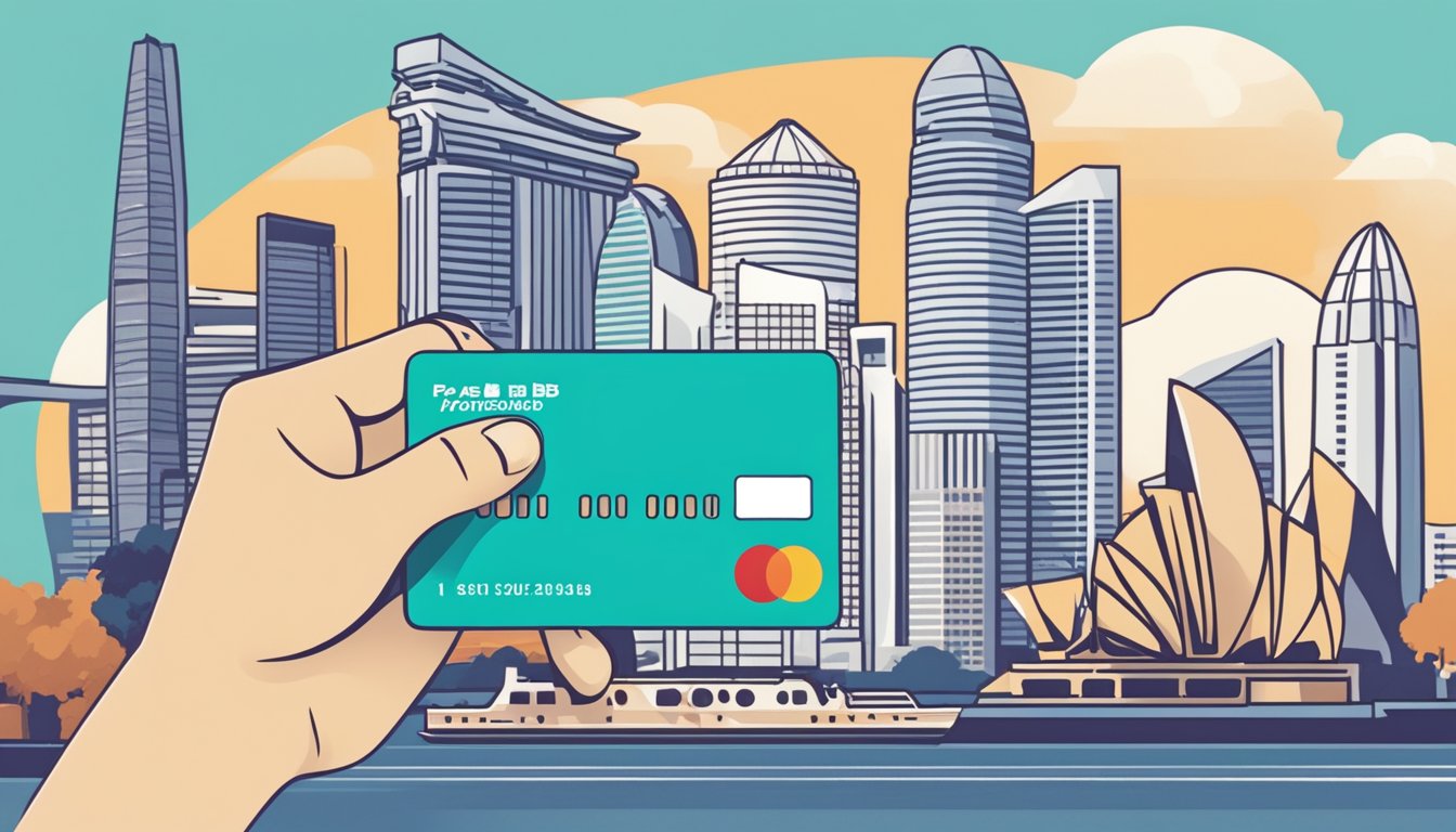 A hand holding a POSB credit card against a backdrop of iconic Singapore landmarks