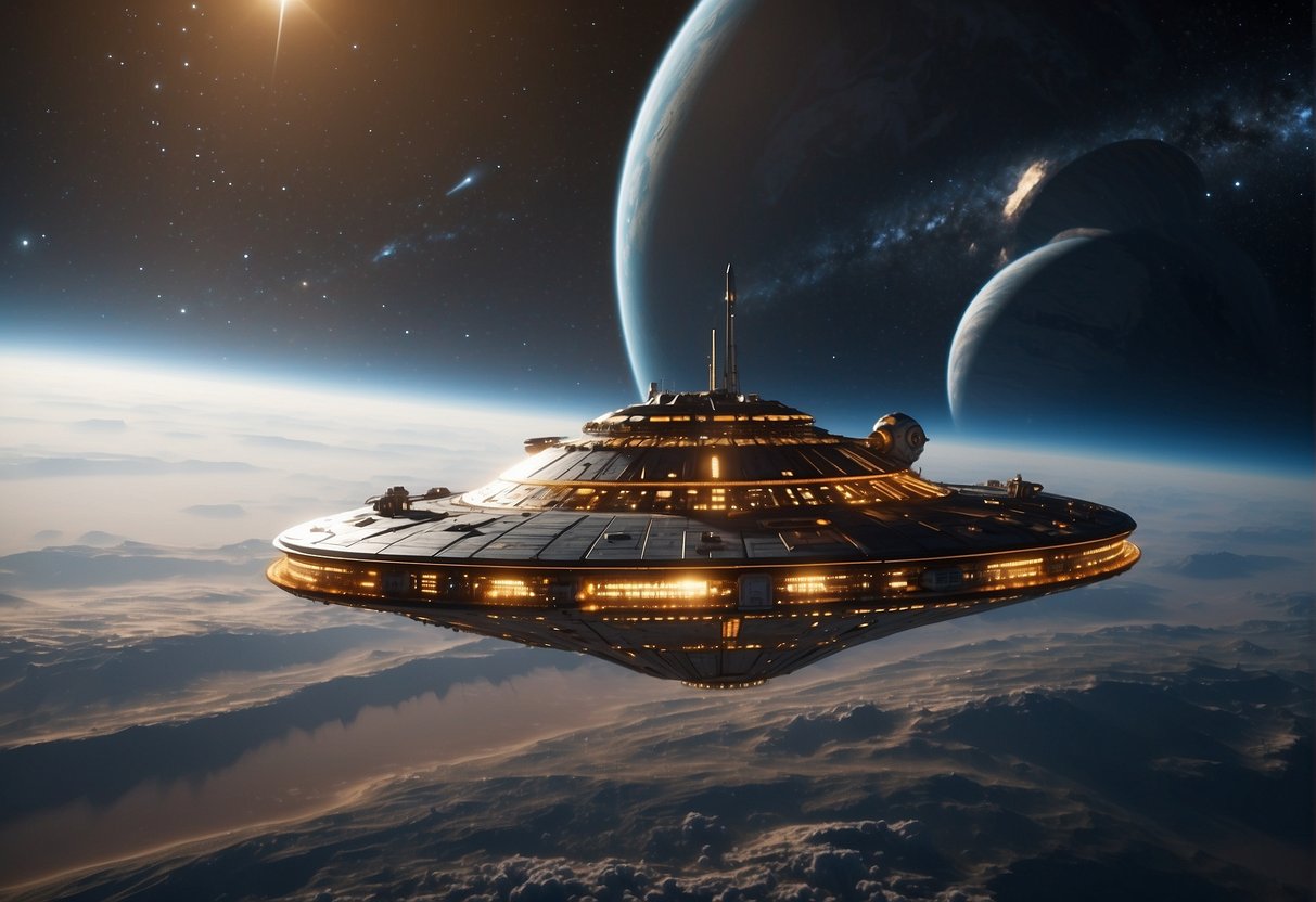 A spaceship drifts through a vast, star-studded expanse, with detailed, scientifically accurate equipment and technology visible inside. The scene is both awe-inspiring and grounded in real-life space exploration