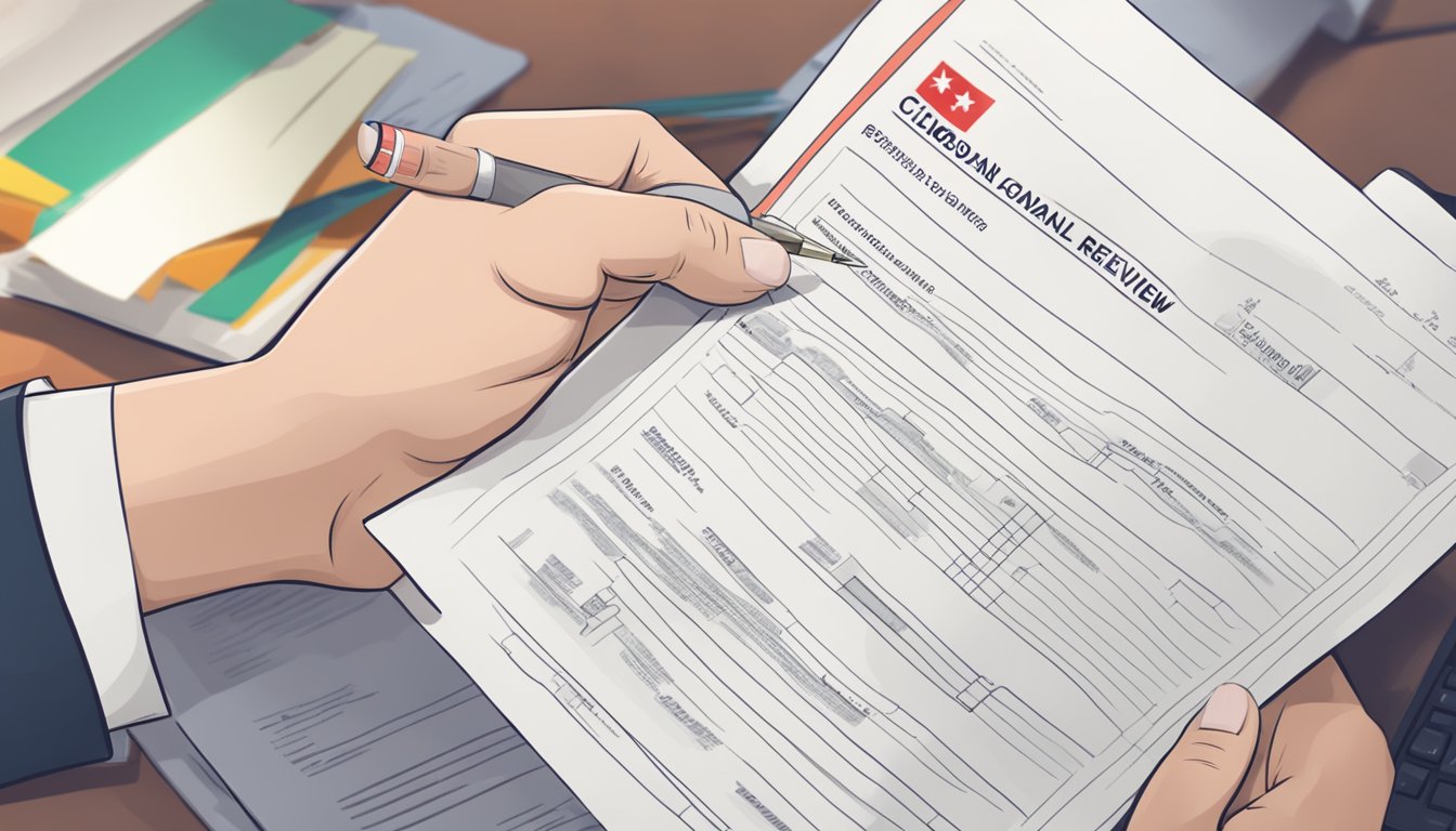 A hand holding a document with "Eligibility Criteria CIMB Personal Loan Review Singapore" written on it