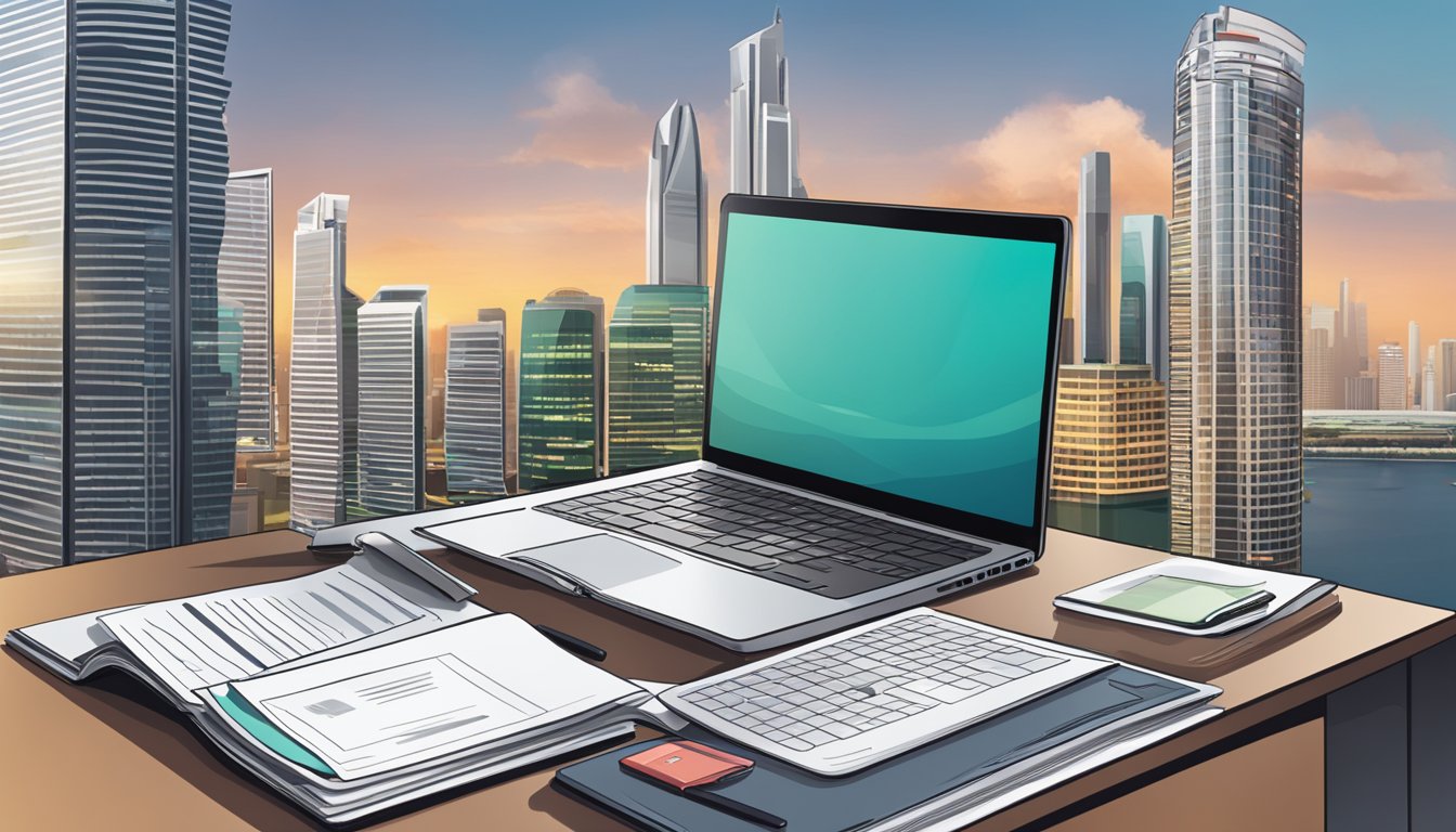 A desk with a laptop, paperwork, and a calculator. CIMB logo visible. Singapore skyline in the background