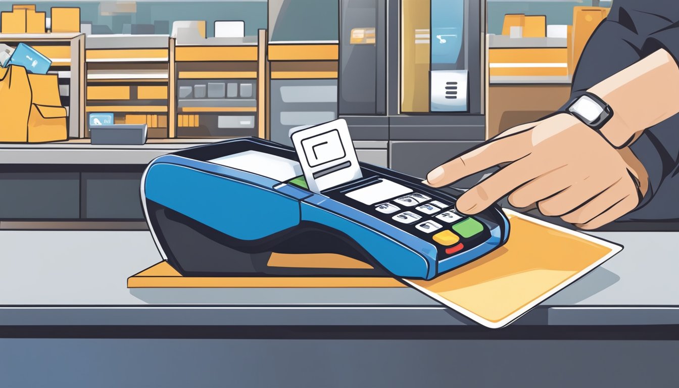 A person swiping a POSB credit card at a store checkout counter. The card is being used for a strategic spending transaction