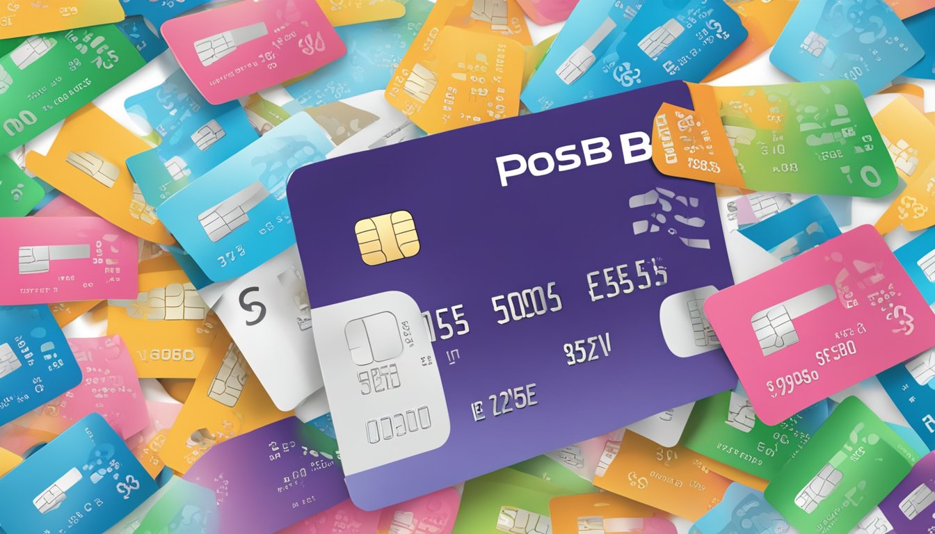 A credit card with "POSB" logo surrounded by dollar signs and percentage symbols, with a clear and bold "Fees and Charges" text