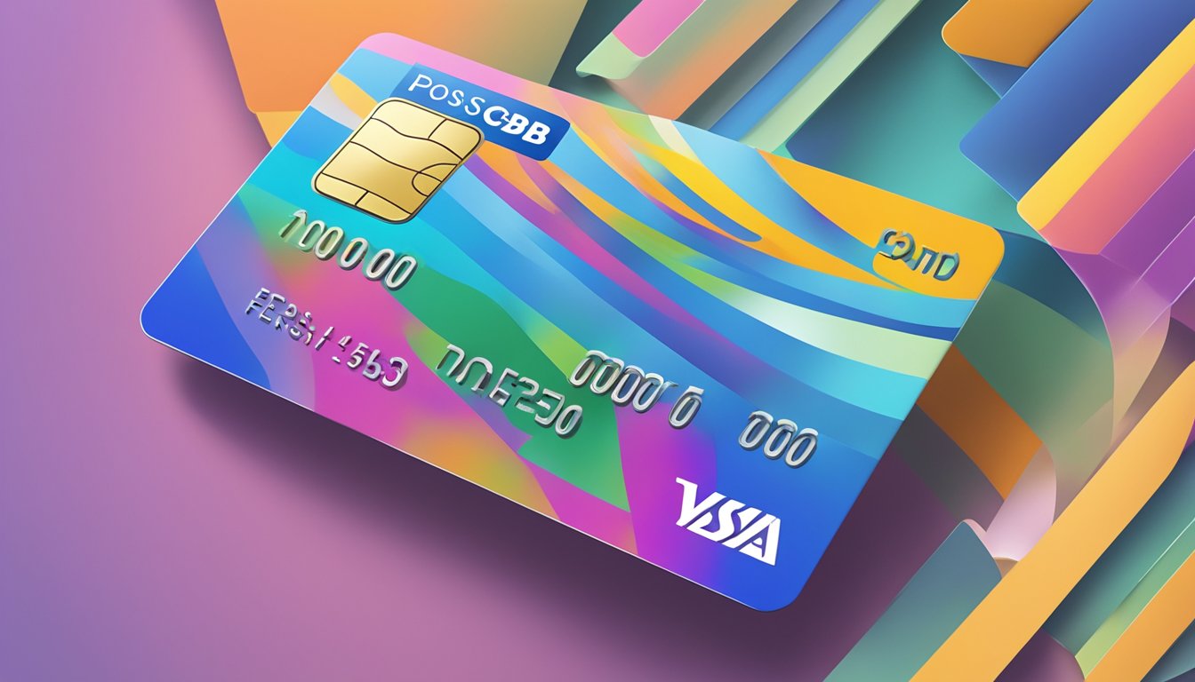 A brightly colored POSB credit card displayed with a list of frequently asked questions in the background