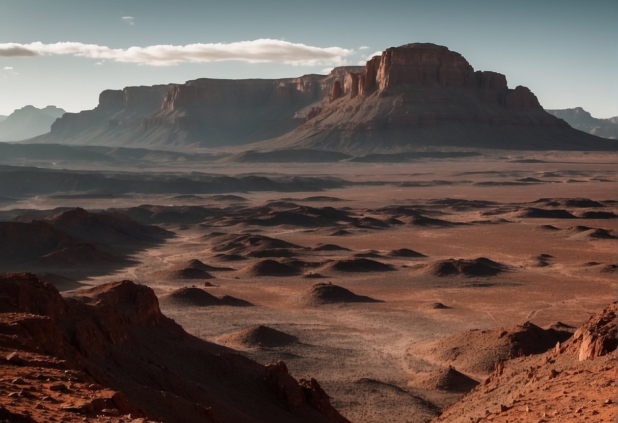 A rugged, rocky landscape stretches out before us, with the iconic red hue of Mars dominating the scene. Craters and jagged terrain create a sense of otherworldly beauty, while the distant horizon hints at the vastness of the Martian landscape