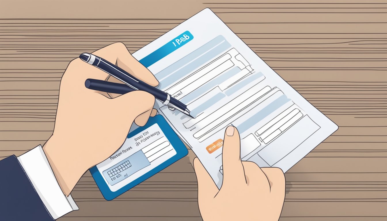 A hand holding a POSB debit card application form with a pen ready to fill in personal details