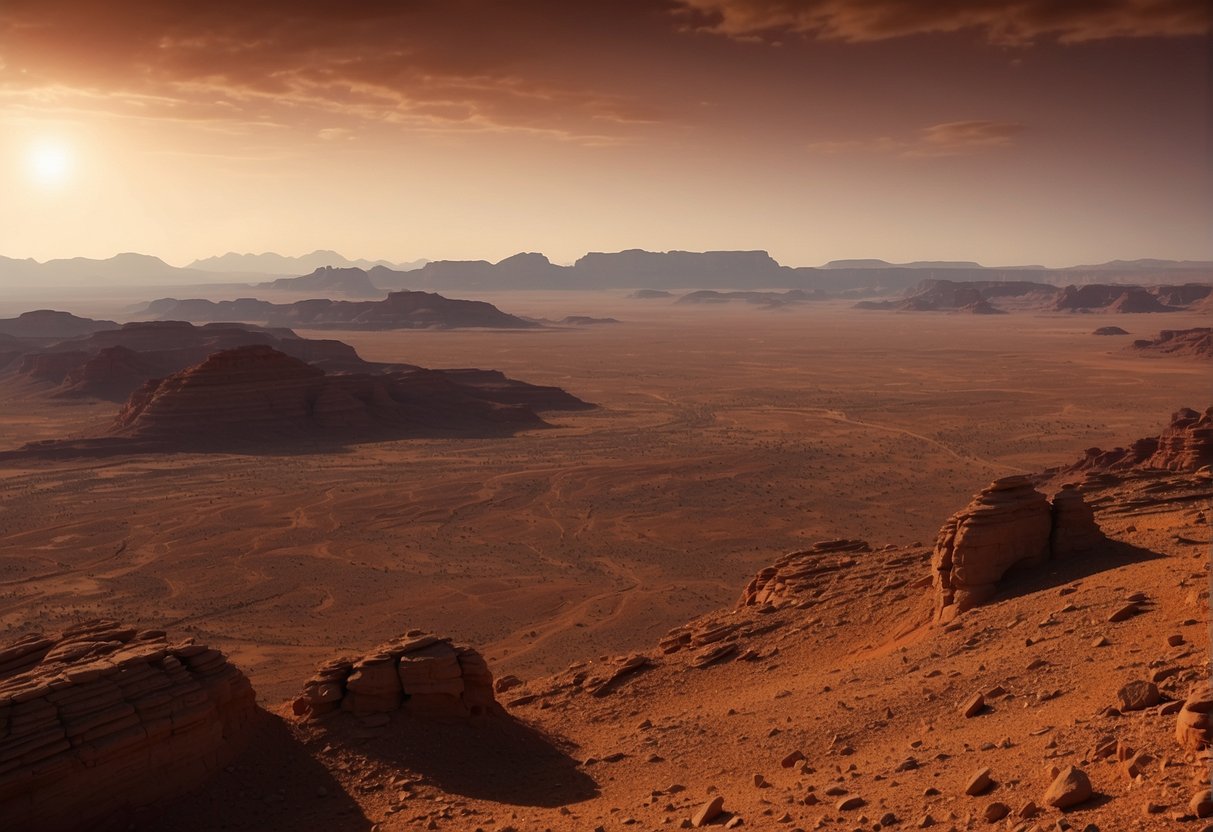A realistic Martian landscape with red rock formations, dusty terrain, and a looming horizon. The sky is a deep red-orange, with hints of distant mountains and a sense of vast, desolate isolation
