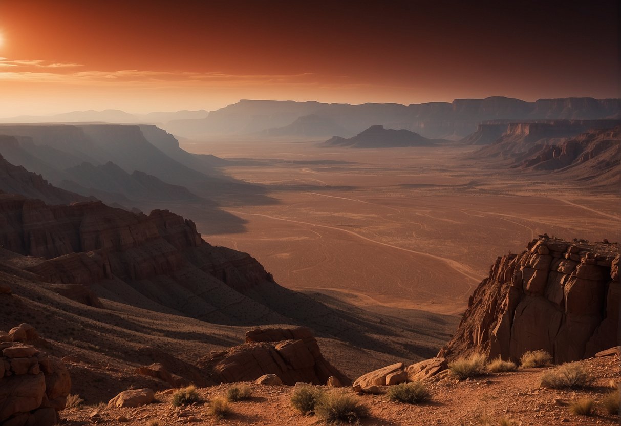 A barren, rocky landscape stretches out beneath a blood-red sky. Jagged cliffs and dust storms loom in the distance, while the faint silhouette of a futuristic habitat sits in the foreground