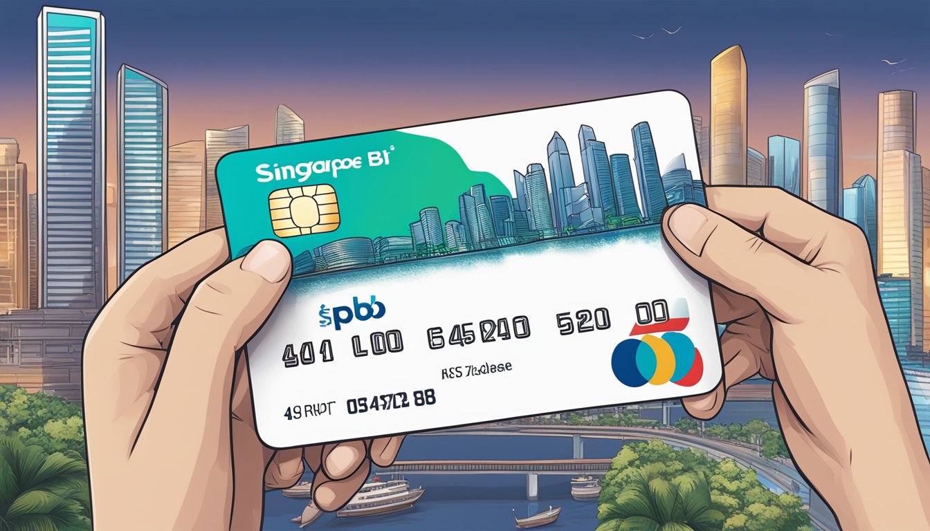 A hand holds a POSB debit card with the Singapore skyline in the background, showcasing its features and benefits