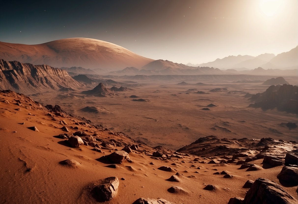 A panoramic view of Mars, with its rusty red surface and towering mountains, captured by a spacecraft. The Martian's landscape is depicted with a blend of real Mars data and artistic movie magic
