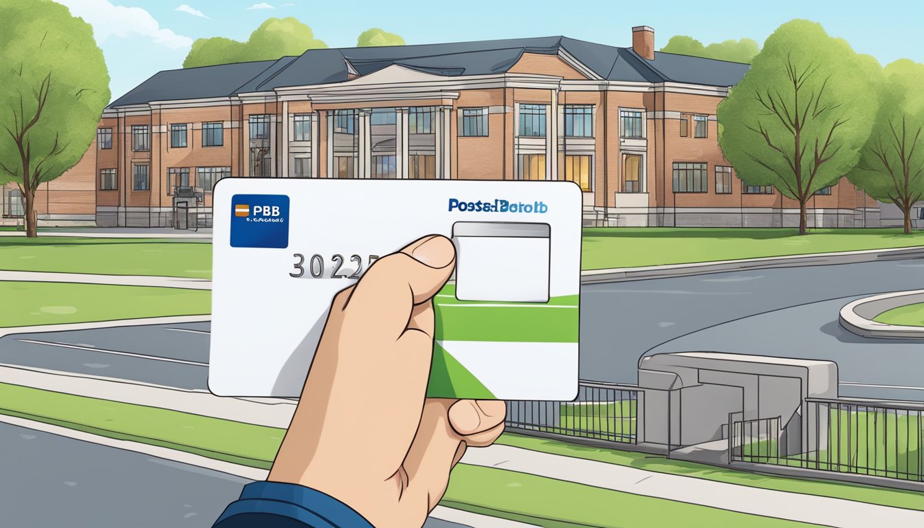 A student holds a POSB Debit Card, with a school campus in the background