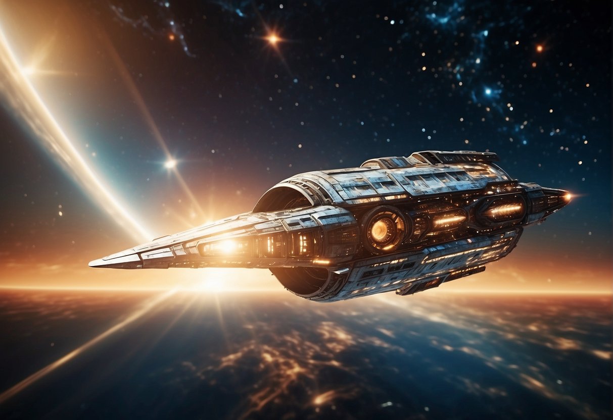 Visual Effects Evolution - A spaceship glides through a dazzling array of digital effects, morphing from sleek metal to pulsing energy as it traverses the cosmos