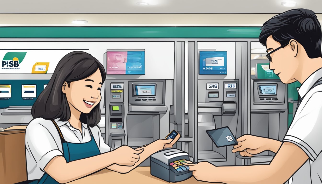 A student swipes a POSB debit card at a Singaporean bank, with a friendly teller assisting. The bank's logo and "Banking Made Easy for Students" slogan are prominently displayed