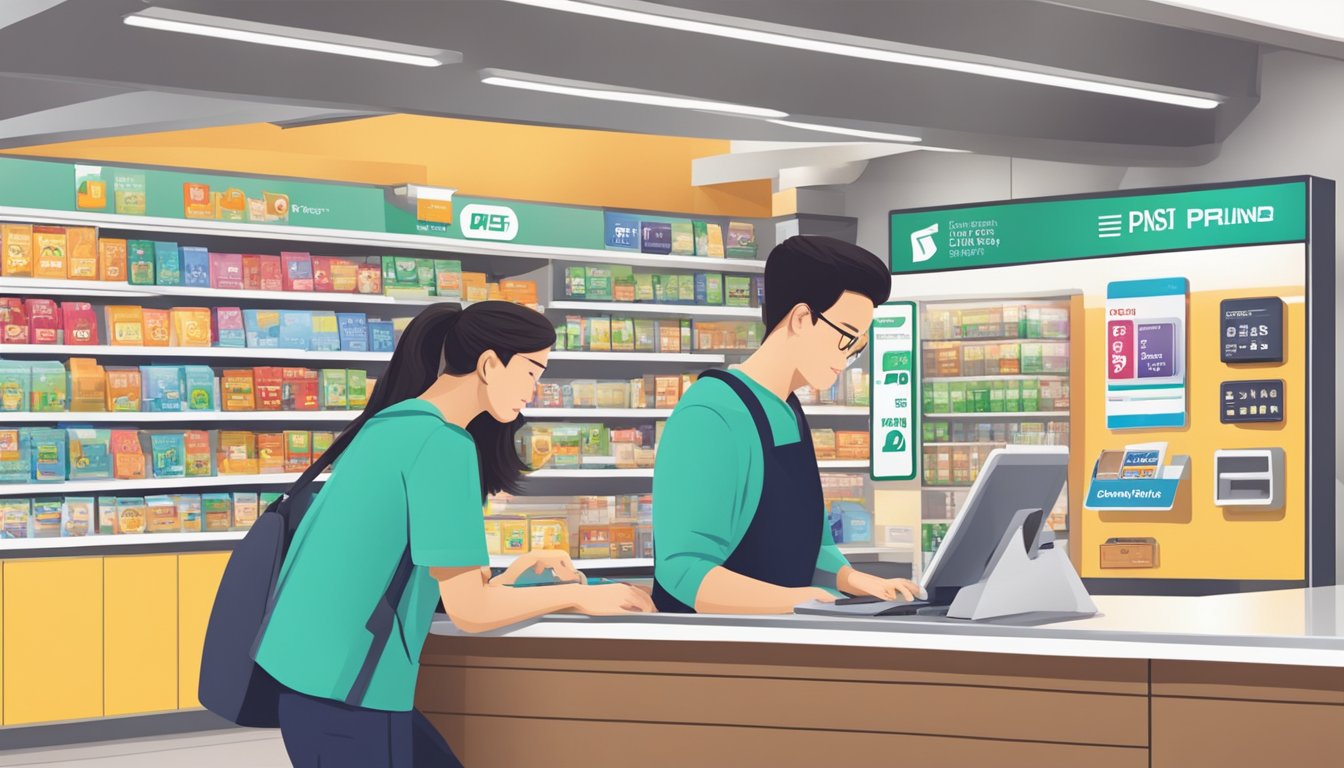 A student swiping a POSB debit card at a Singapore store, with a display of smart spending tips in the background