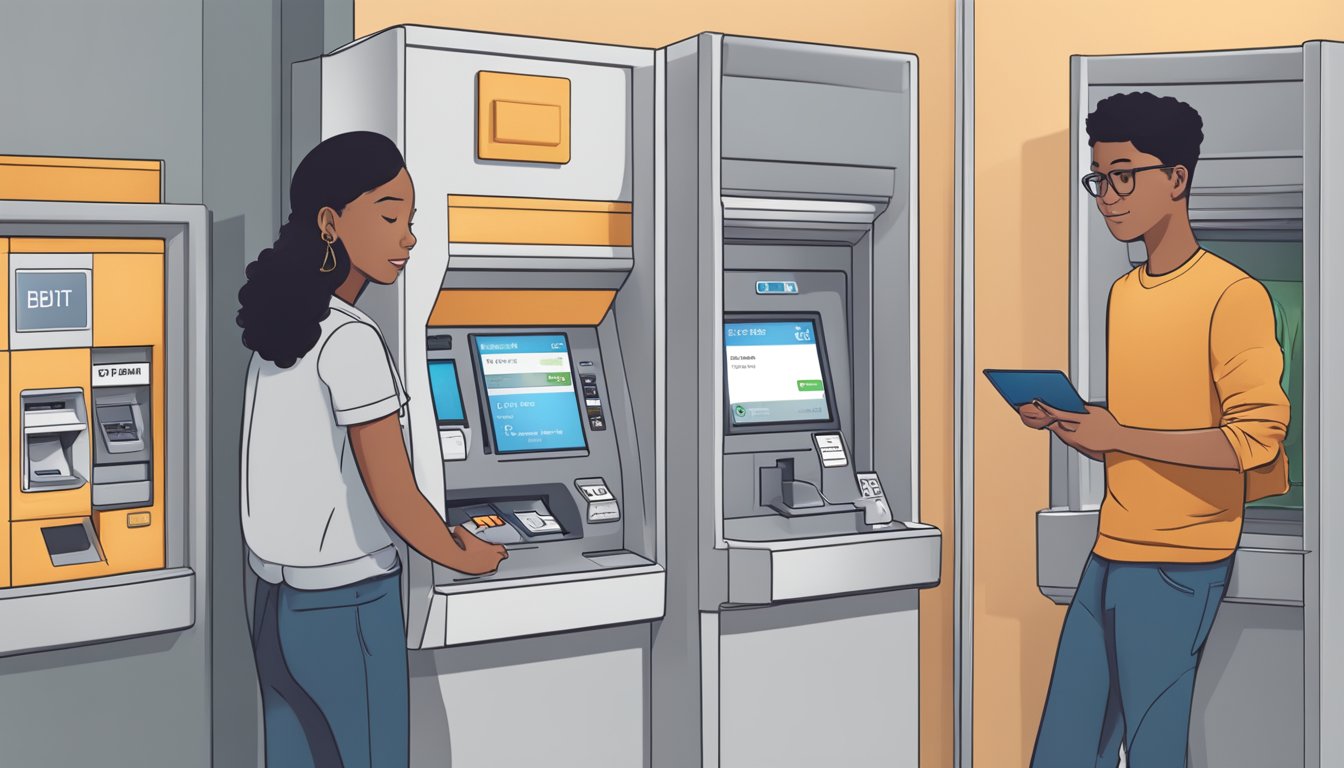 A student inserts a POSB debit card into an ATM, entering a PIN to access funds. The screen displays account balance and transaction options