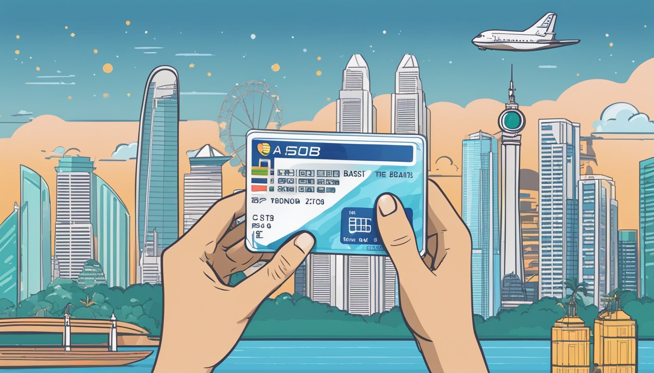 A student holding a POSB debit card with a "Beyond the Basics" design, set against a backdrop of iconic Singapore landmarks and symbols