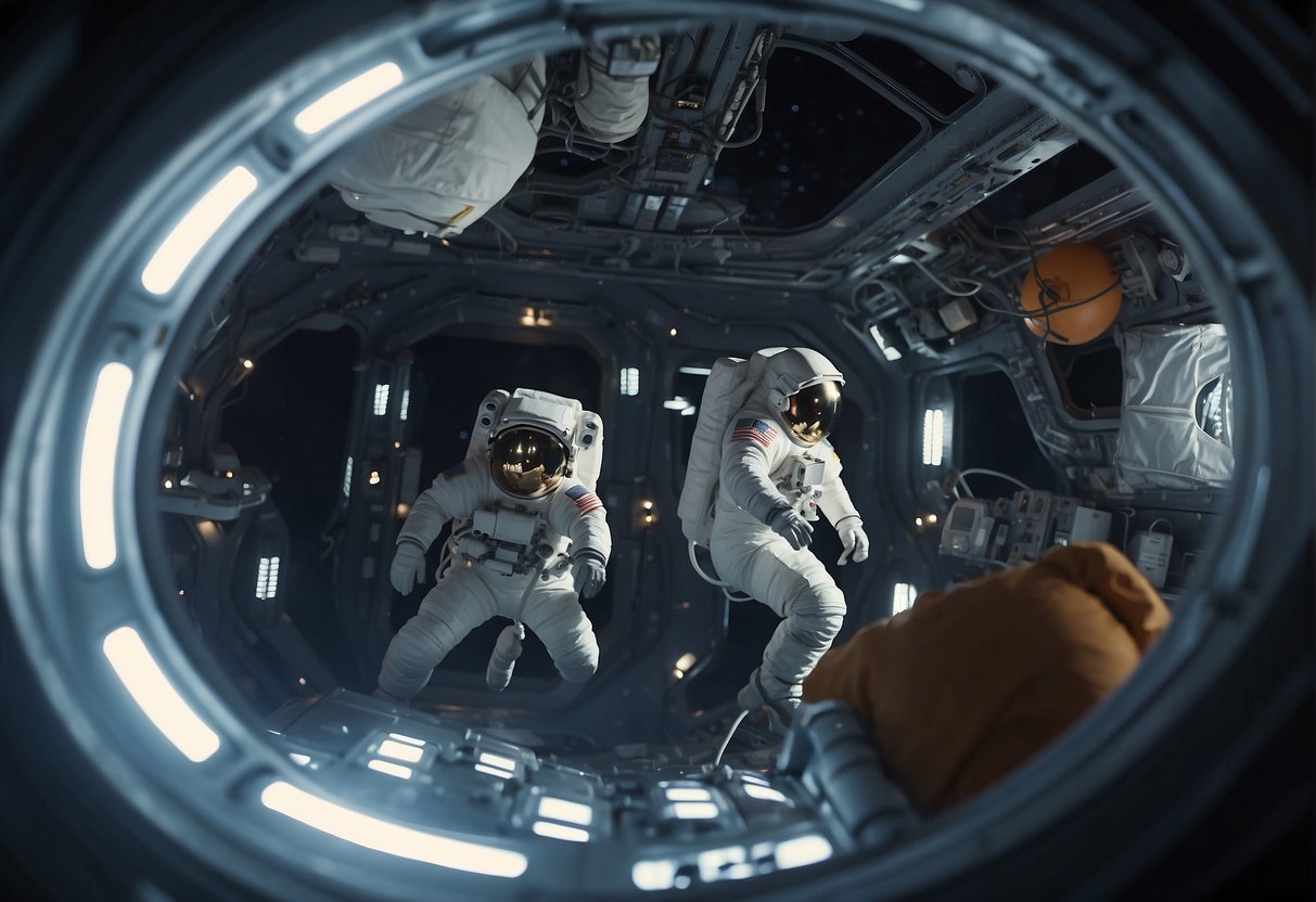 Astronauts float weightlessly in a spacecraft, surrounded by floating objects and equipment. The scene is illuminated by the soft glow of the spacecraft's interior lights, creating an otherworldly atmosphere